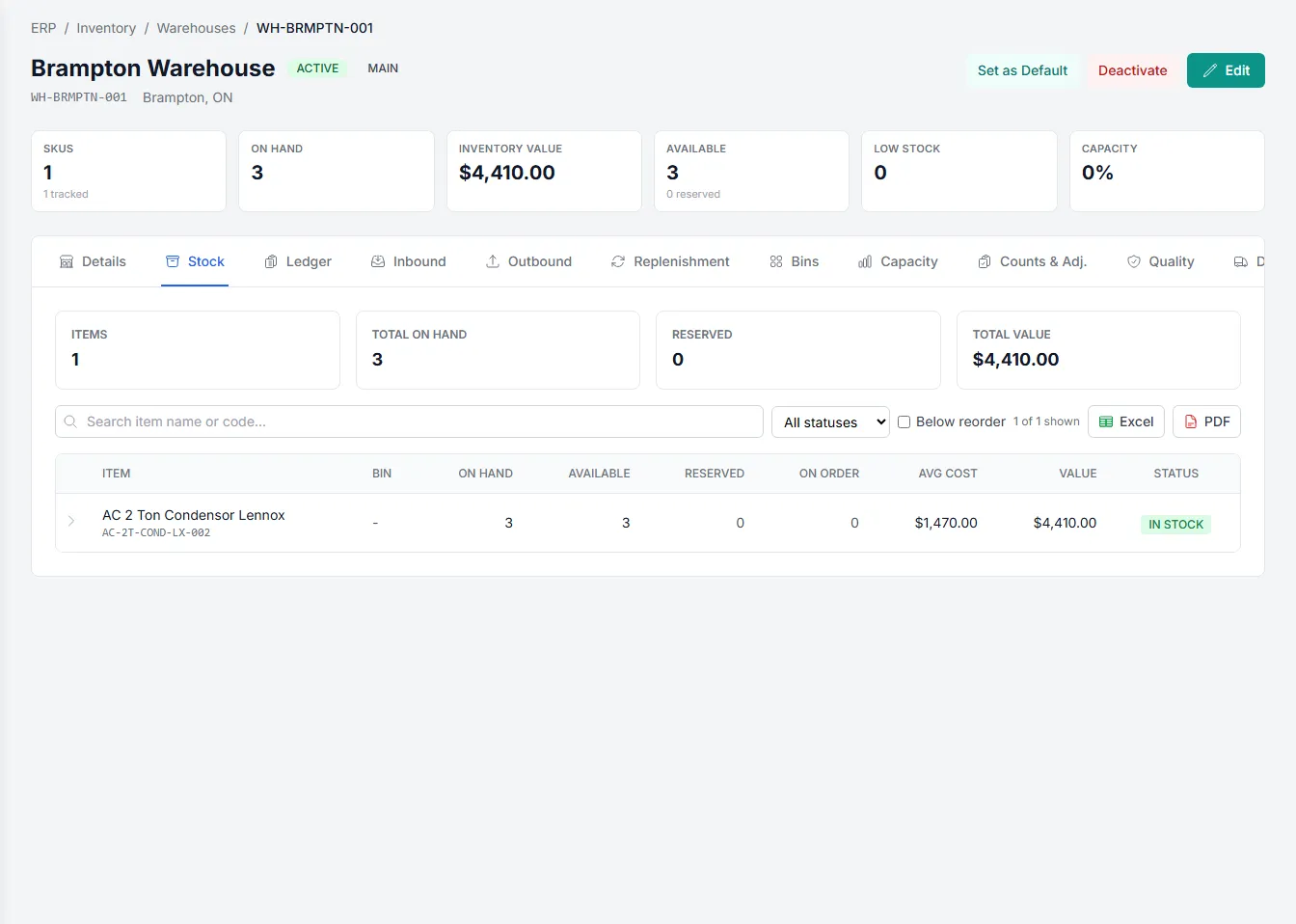 Multi-warehouse inventory with bin-level stock and costing